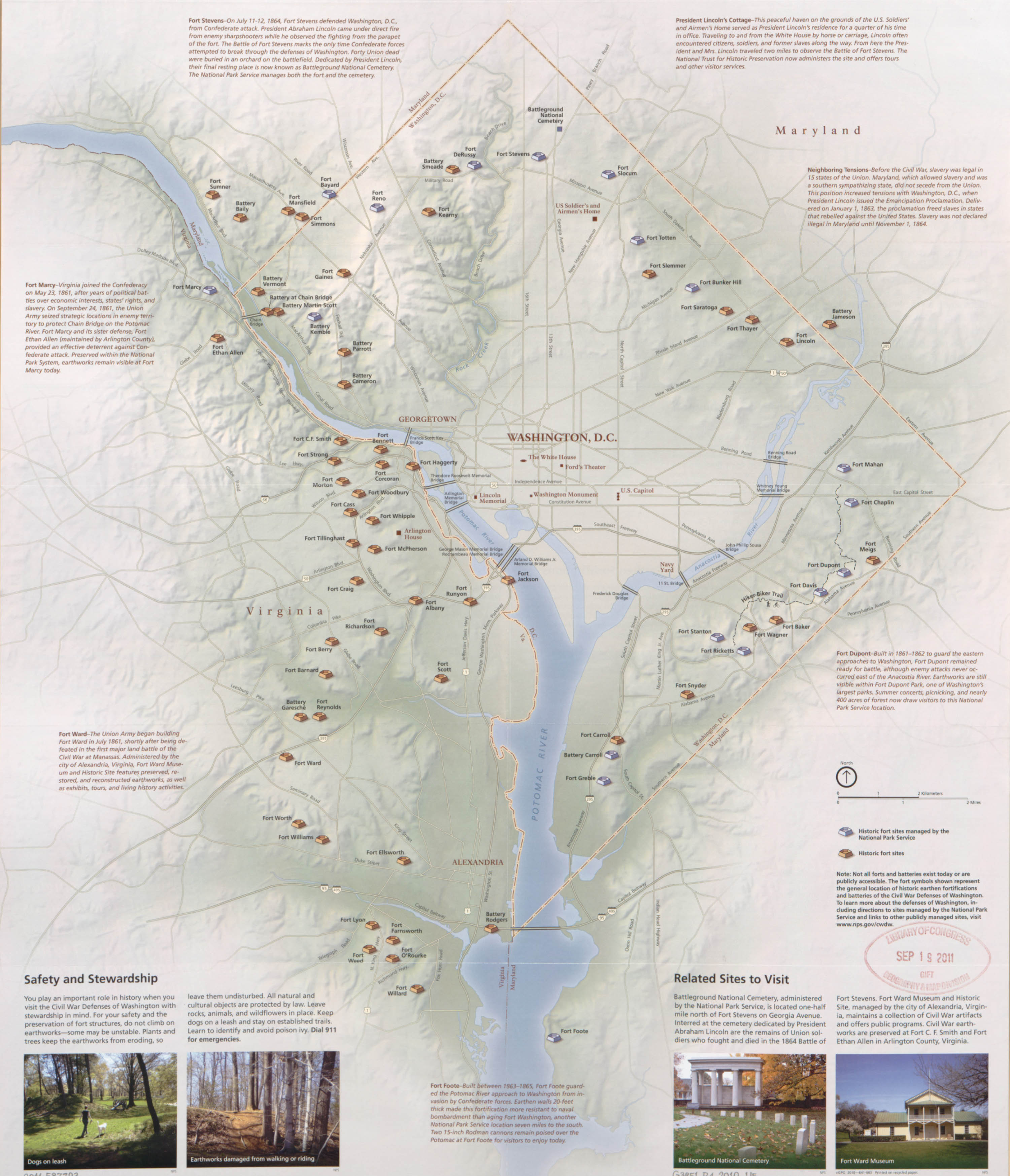 A modern colored map depicting the District of Columbia and the location of forts ringing the city